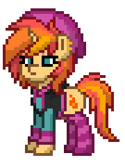 Size: 180x240 | Tagged: safe, oc, oc only, oc:twinkle flame, pony, unicorn, pony town, clothes, ear piercing, earring, eyeshadow, female, hat, hoodie, jewelry, lidded eyes, makeup, mare, piercing, pixel art, simple background, socks, solo, sprite, striped socks, white background