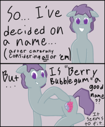 Size: 1000x1200 | Tagged: safe, artist:zephyr!, oc, oc only, oc:berry bubblegum, pony, comic, looking at you, male, simple background, sitting, solo, talking, talking to viewer
