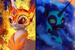 Size: 900x600 | Tagged: safe, artist:ailatf, daybreaker, nightmare moon, pony, a royal problem, g4, bust, galaxy mane, grin, mane of fire, portrait, royal sisters, smiling