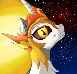 Size: 2460x2350 | Tagged: safe, artist:orangejuicerus, daybreaker, alicorn, pony, a royal problem, g4, chest fluff, evil grin, female, grin, high res, looking at you, mane of fire, nebula, night, profile, smiling, solo, stars