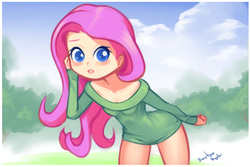 Size: 1080x720 | Tagged: safe, artist:drantyno, fluttershy, human, g4, blushing, bottomless, brushing hair behind ear, clothes, cloud, colored pupils, female, flattershy, forest, humanized, looking at you, open mouth, partial nudity, shirt, solo