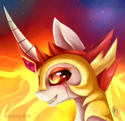 Size: 1024x993 | Tagged: dead source, safe, artist:konnyart, daybreaker, alicorn, pony, a royal problem, g4, crying, drool, fangs, female, grin, helmet, mare, smiling, solo