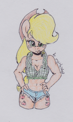 Size: 725x1210 | Tagged: safe, artist:marta4708, applejack, earth pony, anthro, g4, belly button, both cutie marks, clothes, daisy dukes, female, hand on hip, looking at you, midriff, short shirt, shorts, simple background, solo, straw, traditional art