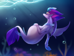 Size: 1600x1200 | Tagged: safe, artist:nsfwbonbon, queen novo, seapony (g4), g4, my little pony: the movie, belly, blushing, explicit source, female, hoof on belly, implied princess skystar, looking sideways, mama novo, mother, pregnant, solo, underwater