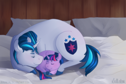 Size: 1280x853 | Tagged: safe, artist:lullabae, shining armor, twilight sparkle, pony, unicorn, g4, bbbff, bed, brother and sister, cute, female, filly, filly twilight sparkle, male, mare, morning ponies, pillow, prone, shining adorable, sleeping, stallion, twiabetes, unshorn fetlocks, younger