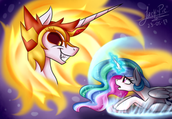 Size: 2300x1600 | Tagged: safe, artist:jack-pie, daybreaker, princess celestia, alicorn, pony, a royal problem, g4, duality, duo, evil smile, fangs, female, grin, looking at each other, mare, smiling