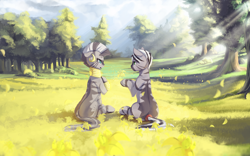 Size: 2000x1250 | Tagged: safe, artist:fruitbloodmilkshake, zecora, oc, oc:zeil, zebra, fanfic:never meant to be, g4, fanfic, fanfic art, field, forest, gold, jewelry, sunlight, zebra oc