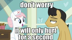 Size: 1920x1090 | Tagged: safe, edit, edited screencap, screencap, cherry cola, cherry fizzy, nurse redheart, earth pony, pony, a flurry of emotions, g4, cute, female, frown, happy, image macro, lidded eyes, male, mare, meme, open mouth, sad, sitting, smiling, stallion, tongue depressor