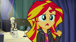 Size: 1280x714 | Tagged: safe, screencap, derpy hooves, paisley, sunset shimmer, equestria girls, g4, my little pony equestria girls: rainbow rocks, clothes, female, jacket, leather jacket, musical instrument, musical saw, saw