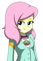 Size: 720x1020 | Tagged: dead source, safe, artist:rosemile mulberry, fluttershy, equestria girls, g4, alternate hairstyle, bedroom eyes, clothes, female, looking at you, simple background, smiling, solo, white background