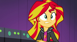 Size: 1280x714 | Tagged: safe, screencap, sunset shimmer, equestria girls, g4, my little pony equestria girls: rainbow rocks, clothes, female, jacket, leather, leather jacket, lip bite, scared, solo