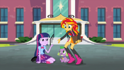 Size: 1280x720 | Tagged: safe, screencap, spike, sunset shimmer, twilight sparkle, dog, equestria girls, g4, my little pony equestria girls: rainbow rocks, book, boots, canterlot high, clothes, hesitant, high heel boots, jacket, leather jacket, leg warmers, looking at each other, shoes, skirt, spike the dog