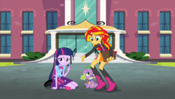 Size: 1280x720 | Tagged: safe, screencap, spike, sunset shimmer, twilight sparkle, dog, equestria girls, g4, my little pony equestria girls: rainbow rocks, book, boots, canterlot high, female, hesitant, sad, shoes, spike the dog, squatting