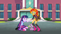 Size: 1280x720 | Tagged: safe, screencap, spike, sunset shimmer, twilight sparkle, dog, equestria girls, g4, my little pony equestria girls: rainbow rocks, book, boots, canterlot high, cute, female, shoes, spike the dog, squatting