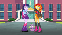 Size: 1280x720 | Tagged: safe, screencap, spike, sunset shimmer, twilight sparkle, dog, equestria girls, g4, my little pony equestria girls: rainbow rocks, book, boots, canterlot high, cute, female, male, shoes, shy smile, spike the dog