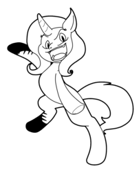 Size: 957x1185 | Tagged: safe, artist:moeclere, trixie, pony, unicorn, g4, bipedal, black and white, female, grayscale, lineart, looking at you, mare, monochrome, open mouth, simple background, smiling, solo, transparent background