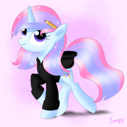 Size: 2000x2000 | Tagged: safe, artist:songbirdserenade, oc, oc only, oc:galaxy glisten, pony, unicorn, black hoodie, clothes, female, high res, hoodie, pastel, skipping, solo, sparkles