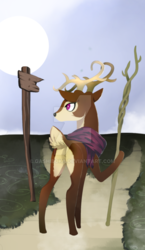 Size: 600x1036 | Tagged: safe, artist:gashiboka, oc, oc only, deer, pony, clothes, everfree tarot, minor arcana, scarf, sign, solo, staff, tarot, tarot card, two of batons, two of clubs, two of wands, watermark