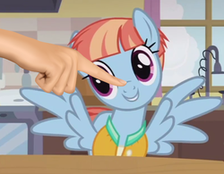 Size: 530x414 | Tagged: safe, edit, edited screencap, screencap, windy whistles, pegasus, pony, g4, parental glideance, boop, boop edit, cute, disembodied hand, female, hand, mare, smiling, solo, spread wings, windybetes, wings