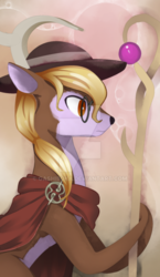 Size: 600x1036 | Tagged: safe, artist:gashiboka, deer, pony, everfree tarot, glasses, hat, jack of clubs, page of batons, page of wands, solo, staff, watermark