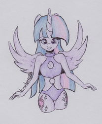 Size: 1003x1211 | Tagged: safe, artist:marta4708, twilight sparkle, alicorn, anthro, g4, both cutie marks, clothes, female, o-ring swimsuit, one-piece swimsuit, solo, spread wings, swimsuit, traditional art, twilight sparkle (alicorn), wings