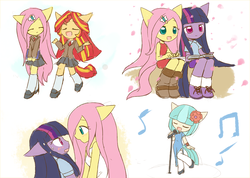 Size: 1407x1000 | Tagged: safe, artist:howxu, coco pommel, fluttershy, sunset shimmer, twilight sparkle, earth pony, anthro, unguligrade anthro, g4, bedroom eyes, blushing, book, boots, cheongsam, chibi, clothes, cocobetes, colored sketch, cute, dress, eyes closed, female, lesbian, looking at each other, microphone, school uniform, schoolgirl, shimmerbetes, ship:twishy, shipping, shyabetes, side slit, simple background, singing, sketch, skirt, smiling, socks, white background
