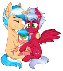 Size: 2500x2830 | Tagged: safe, artist:higglytownhero, oc, oc only, oc:creamy pinch, oc:melon frost, oc:pink licorice, pony, ear piercing, earring, family, father, father and daughter, female, filly, foal, freckles, happy, high res, hug, jewelry, lip piercing, love, male, melonpinch, mother, mother and daughter, offspring, parent, parent:oc:creamy pinch, parent:oc:melon frost, parents:melonpinch, parents:oc x oc, piercing, shipping, simple background, straight, transparent background