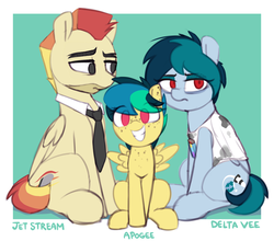 Size: 1225x1080 | Tagged: safe, artist:shinodage, oc, oc only, oc:apogee, oc:delta vee, oc:jet stream, pegasus, pony, adventure in the comments, chest freckles, clothes, cute, delta vee's junkyard, ear freckles, eye clipping through hair, female, filly, freckles, frown, glare, grin, lidded eyes, looking at you, male, mare, necktie, no pupils, ocbetes, shirt, sitting, smiling, spread wings, squee, stallion, wings