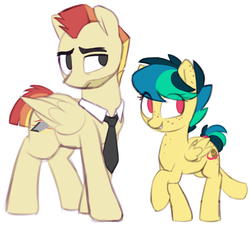 Size: 1176x1080 | Tagged: safe, artist:shinodage, oc, oc only, oc:apogee, oc:jet stream, pegasus, pony, butt freckles, clothes, colored pupils, cute, delta vee's junkyard, duo, ear freckles, female, freckles, male, mare, necktie, simple background, smiling, stallion, white background