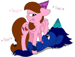 Size: 1022x781 | Tagged: safe, artist:twittershy, oc, oc only, oc:deevfactor, oc:shyfly, pegasus, pony, boop, female, female on male, hat, male, mare, party hat, shipping, simple background, stallion, straight, transparent background