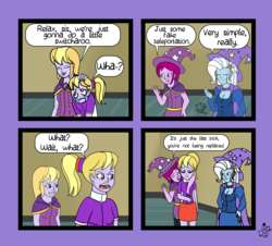 Size: 5575x5033 | Tagged: safe, artist:oneovertwo, cloudy kicks, fuchsia blush, lavender lace, trixie, comic:lavender lace enemy of cloudy kicks, equestria girls, g4, absurd resolution, background human, comic
