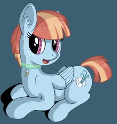 Size: 1449x1536 | Tagged: safe, artist:negasun, windy whistles, pegasus, pony, g4, choker, collar, female, freckles, mare, mother, open mouth, prone, simple background, smiling, solo
