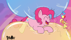 Size: 2560x1440 | Tagged: safe, artist:rupert, applejack, pinkie pie, pony, g4, balloon, balloon riding, eyes closed, floating, flying, in which pinkie pie forgets how to gravity, open mouth, party balloon, pinkie being pinkie, pinkie physics, rubbing, sky, squeak, static electricity, sunset, that pony sure does love balloons, then watch her balloons lift her up to the sky