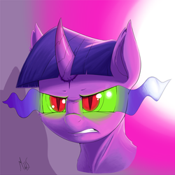 Size: 2316x2316 | Tagged: safe, artist:sea-maas, twilight sparkle, pony, g4, angry, bust, colored horn, curved horn, dark magic, evil, female, high res, horn, magic, portrait, slit pupils, solo, sombra eyes, sombra horn, xk-class end-of-the-world scenario