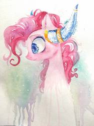 Size: 1224x1632 | Tagged: safe, artist:wacky-skiff, pinkie pie, earth pony, pony, g4, not asking for trouble, bust, colored pupils, female, helmet, honorary yak horns, horned helmet, solo, traditional art, viking helmet, watercolor painting, yak horns