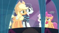 Size: 1280x720 | Tagged: safe, artist:charleston-and-itchy, edit, edited screencap, screencap, apple bloom, applejack, coloratura, queen chrysalis, scootaloo, sweetie belle, g4, the mane attraction, cutie mark crusaders, female, female pov, offscreen character, pov, rara, this will end in tears and/or death, we are going to hell