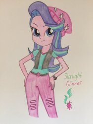 Size: 1024x1365 | Tagged: safe, artist:infernapelover, starlight glimmer, equestria girls, equestria girls specials, g4, mirror magic, beanie, clothes, cute, female, hat, pants, solo, torn clothes, traditional art, watch