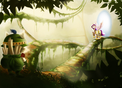 Size: 4959x3581 | Tagged: safe, artist:casparraillen, princess cadance, pony, g4, absurd resolution, armor, crepuscular rays, crossover, forest, jungle, league of legends, leaves, portal, scenery, scroll, story included, teemo, tree, tree branch, vine
