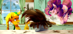 Size: 1024x481 | Tagged: safe, artist:scynexx, pinkie pie, oc, oc:jester, pony, g4, cake, chocolate, chocolate cake, commission, duo, earth, female, food, kitchen, mare, window