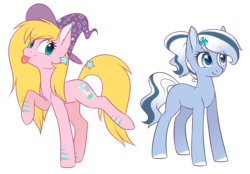 Size: 2216x1544 | Tagged: safe, artist:doekitty, oc, oc only, oc:icy pop, oc:sparkly potions, earth pony, pony, unicorn, duo, female, freckles, hat, mare, raised hoof, raised leg, simple background, smiling, tongue out, transparent background, witch, witch hat