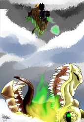 Size: 2400x3500 | Tagged: safe, artist:brainiac, oc, oc only, oc:calamity, oc:littlepip, oc:mister topaz, dragon, pegasus, pony, unicorn, fallout equestria, clothes, dashite, explosives, fanfic, fanfic art, fangs, female, fire, flying, glowing horn, grenade, grenades, group, hat, high res, hooves, horn, jumpsuit, levitation, magic, male, mare, open mouth, pipbuck, signature, stallion, telekinesis, this will end in explosions, this will end in tears and/or death, tongue out, vault suit, weapon, wings