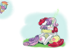 Size: 1400x1000 | Tagged: safe, artist:redheadfly, apple bloom, rainbow dash, scootaloo, sweetie belle, pony, unicorn, g4, blushing, cutie mark crusaders, female, glowing horn, grass, horn, hug, lesbian, magic, mare, older, ship:sweetiebloom, shipping, sitting, underhoof