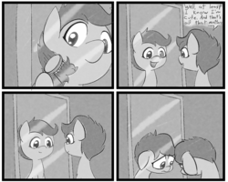Size: 954x764 | Tagged: safe, artist:happy harvey, scootaloo, pegasus, pony, g4, black and white, brush, brushing, comic, ellory the shark, feels, female, filly, grayscale, hairbrush, insecure, looking down, mirror, monochrome, phone drawing, reflection, sad, scootasad, smiling