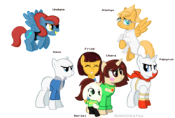Size: 1024x692 | Tagged: safe, artist:robocheatsy, earth pony, pegasus, pony, unicorn, alphys, base used, chara, clothes, crossover, female, frisk, glasses, group, lab coat, male, mare, papyrus (undertale), ponified, sans (undertale), simple background, stallion, undertale, undyne, white background