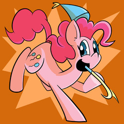 Size: 576x576 | Tagged: safe, artist:pembroke, pinkie pie, earth pony, pony, g4, female, hat, looking back, party hat, party horn, solo