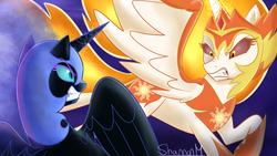 Size: 1920x1080 | Tagged: safe, artist:mlp-firefox5013, daybreaker, nightmare moon, alicorn, pony, a royal problem, g4, duo, female, fight, helmet, looking at each other, mare, sisters
