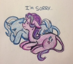 Size: 259x230 | Tagged: safe, artist:starlightstarbrxght, starlight glimmer, trixie, pony, unicorn, g4, crying, curved horn, horn, leonine tail, sad, traditional art