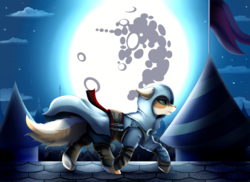 Size: 3509x2550 | Tagged: safe, artist:pridark, oc, oc only, oc:foxtor volpes, earth pony, fox, fox pony, hybrid, original species, pony, assassin's creed, castle, clothes, cloud, coat, commission, crossover, flag, full moon, high res, hood, male, mare in the moon, moon, multicolored tail, night, pants, solo, stallion, stars