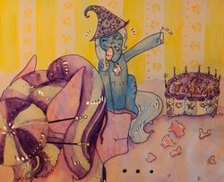 Size: 1024x830 | Tagged: safe, artist:ladycranberries, starlight glimmer, trixie, pony, unicorn, g4, :t, cake, female, food, frosting, lesbian, mare, mouth hold, ship:startrix, shipping, traditional art