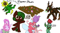 Size: 1920x1080 | Tagged: safe, artist:binkyt11, artist:brainflowcrash, artist:fluffyxai, artist:living_dead, artist:strangersaurus, bon bon, lyra heartstrings, pinkie pie, rarity, sweetie drops, oc, oc:terra flora, breezie, pony, timber wolf, semi-anthro, forever filly, g4, boop, breezie pie, breeziefied, clothes, collaboration, costume, drawpile, drawpile disasters, female, filly, flower, flower costume, flowerity, karate choppers, looking at you, mare, noseboop, photosynthesis, plants, raritato, reference, rose, scarf, simple background, species swap, speech bubble, spongebob squarepants, wat, white background